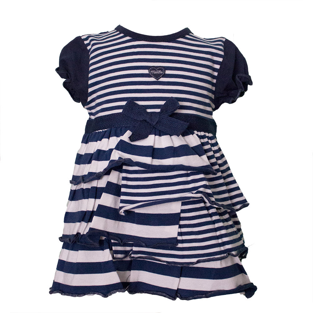 Dress from the Mirtillo girl's clothing line in jersey. Striped pattern. Solid color balloon slee...