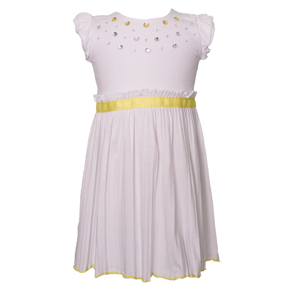 Dress from the Mirtillo girl's clothing line in jersey. Neckline embellished with fake jewels. Pl...