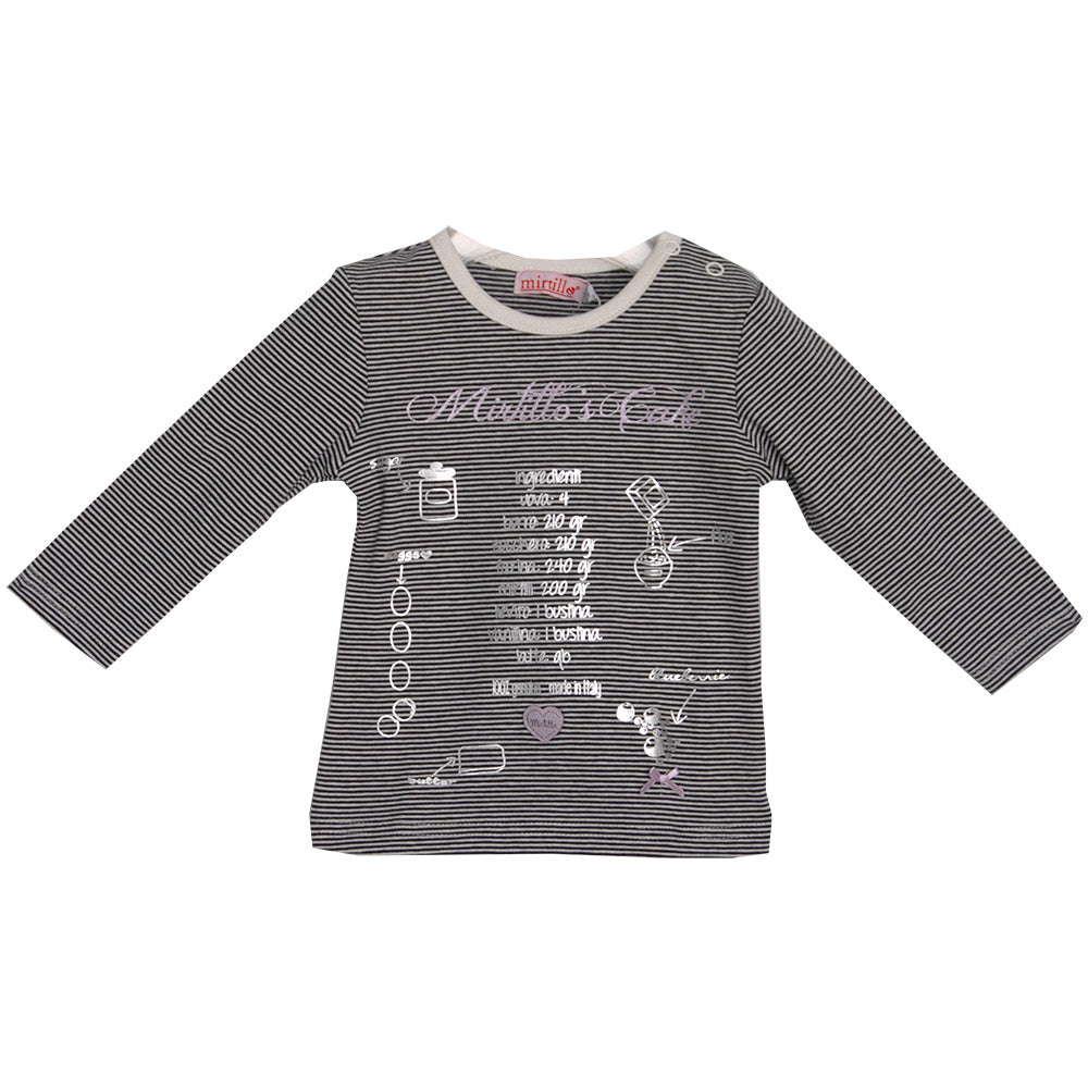 
  T-shirt from the girls' clothing line Mirtillo. Striped pattern with print
  silver on the fro...