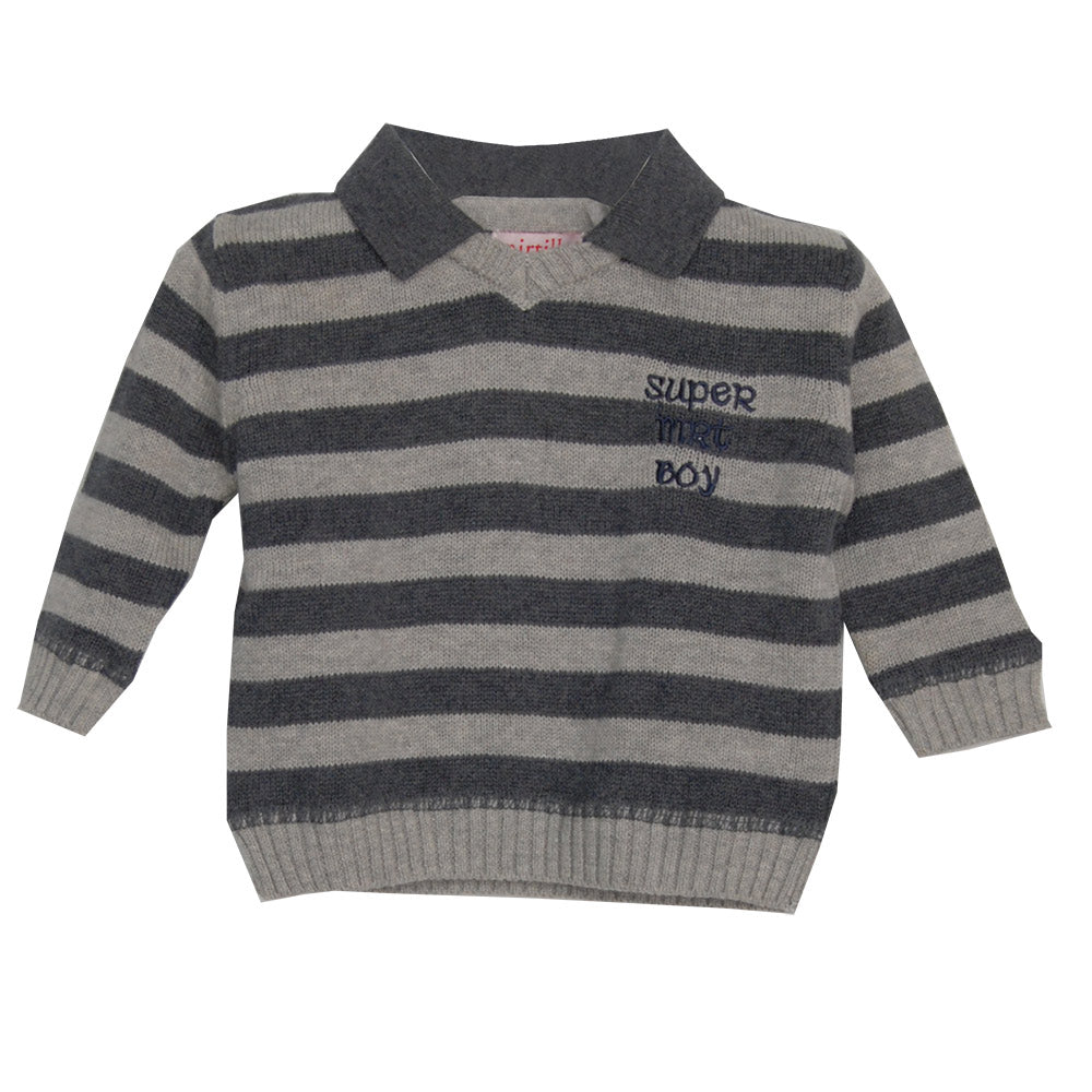 
  Striped Mirtillo children's clothing line sweater. Shirt collar
  and embroidery on the front....