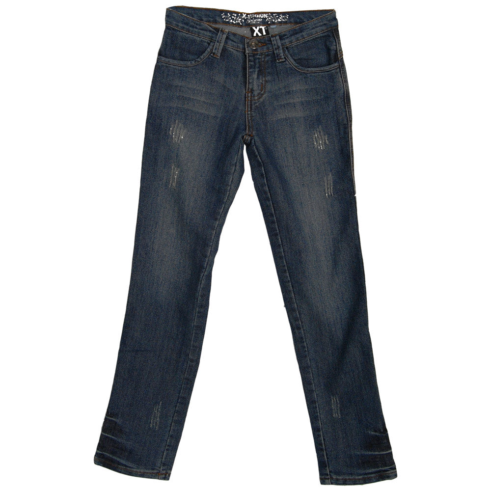 
  Jeans from the girls' clothing line Mirtillo. Front and back pockets.
  Shading and tears. Adj...