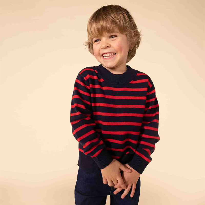 
Iconic striped sweater from the Petit Bateau children's clothing line in wool and cotton tricot,...
