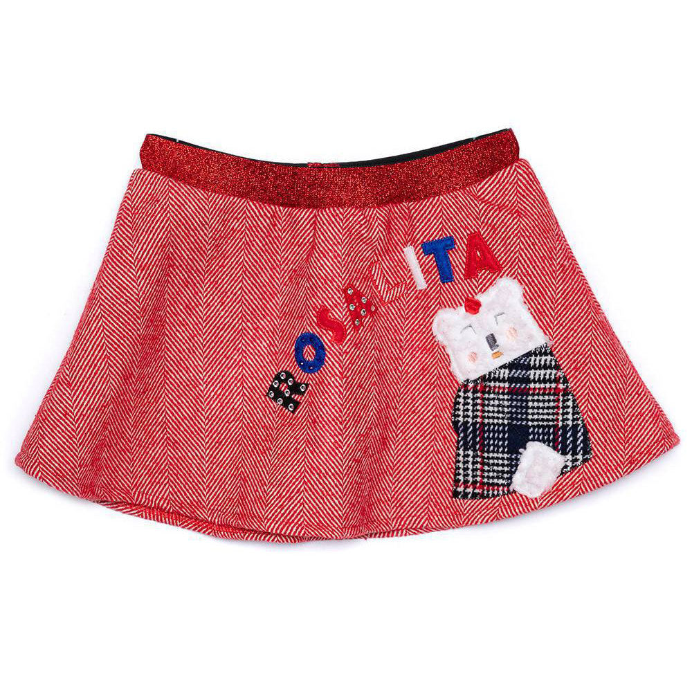 Skirt from the Rosalita Senoritas Girl's Clothing Line with elasticated waist. Red tweed with rhi...