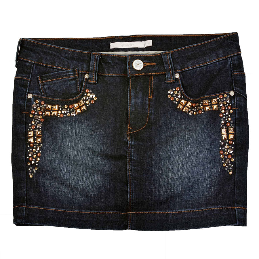 
  Girl's mini skirt from the Silvian Heach clothing line in dark washed jeans. Classic model fiv...