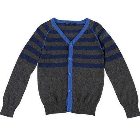 
  V-neck cardigan from the Silvian Heach Kids clothing line with finishes
  in blue; blue on gre...