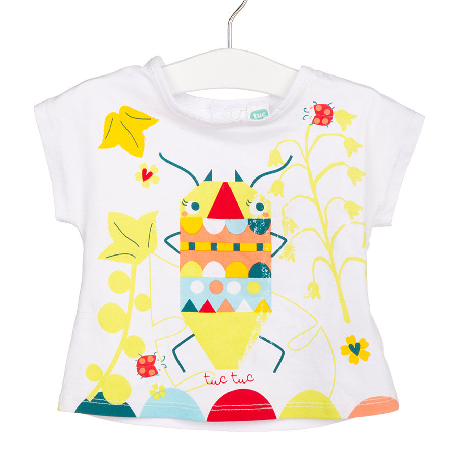 
  Tuc Tuc girl's clothing line t-shirt with beautiful print on the front
  colorful. On the back...
