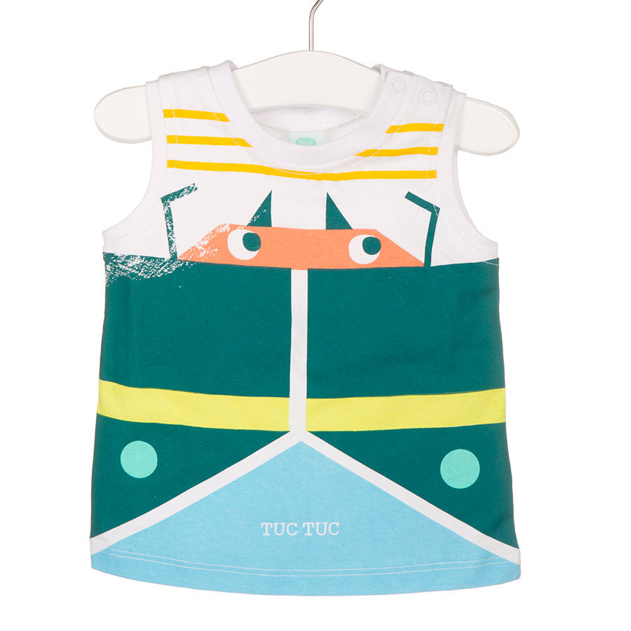 
  Tank top from the Tuc Tuc children's clothing line, with colored print on the bottom
  white a...