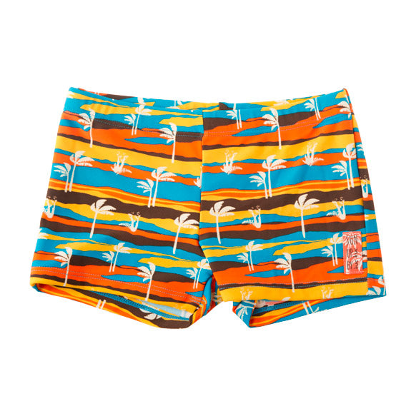 
  Swim trunks from the Tuc Tuc children's clothing line, with overall tropical pattern
  on a mu...