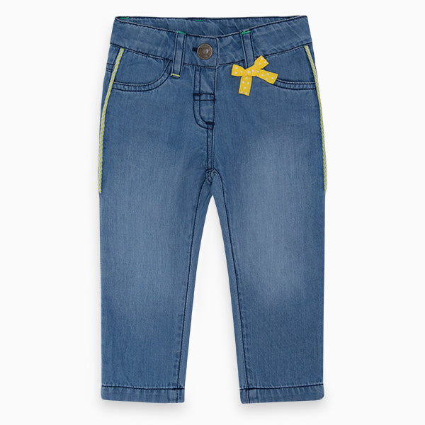 
  Lightweight denim trousers from the Tuc Tuc girl's clothing line, with a bow
  in fabric appli...