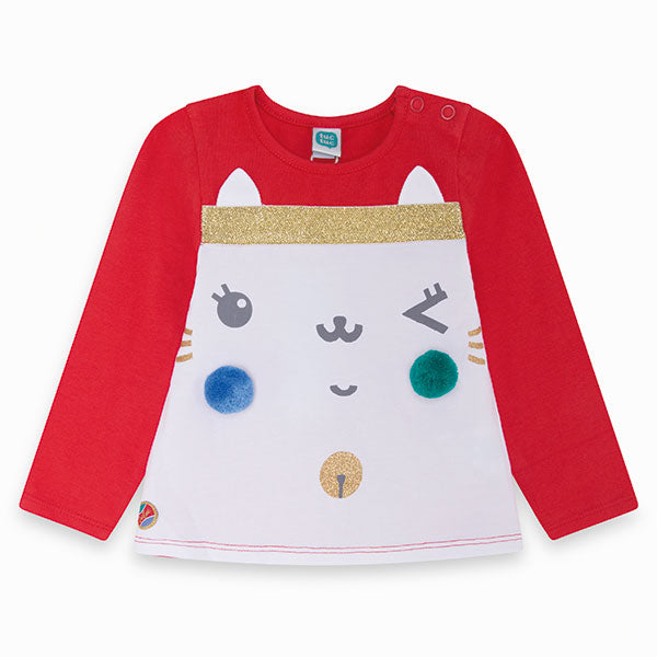 
  Long-sleeved Tuc TUC girl's clothing line t-shirt, with application
  of colored pom pom poms ...