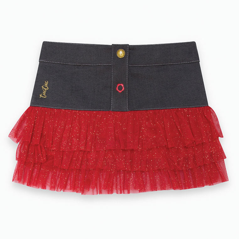 
  Denim skirt from the Tuc Tuc girl's clothing line, with tulle on the bottom in conrasto
  blac...