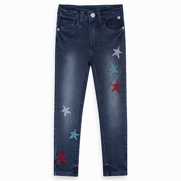 
  Jeans trousers, from the Tuc Tuc girl's clothing line, with coloured embroideries
  on the fro...