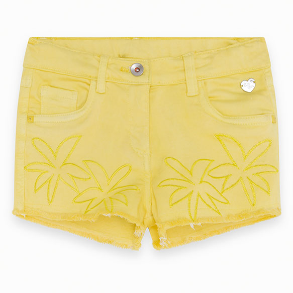 
  Denim shorts from the Tuc Tuc girl's clothing line, with fray on the bottom
  and embroidery o...