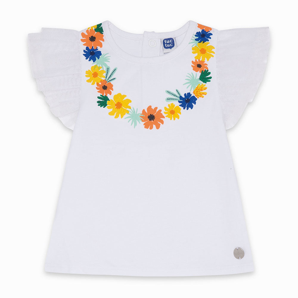 
  T-shirt from the Tuc Tuc Girl's Clothing Line with tulle sleeves and designs
  colored on the ...