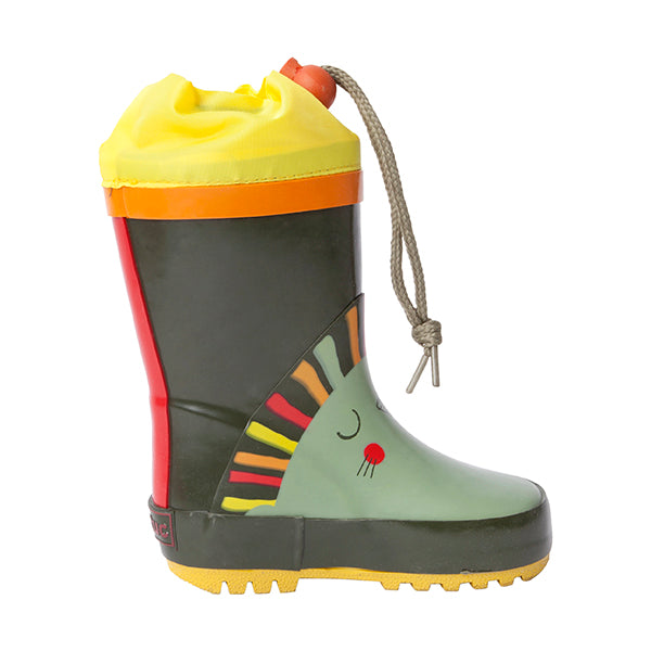 
  Rain boots from the Tuc Tuc children's clothing line with lion design
  on the front and laces...