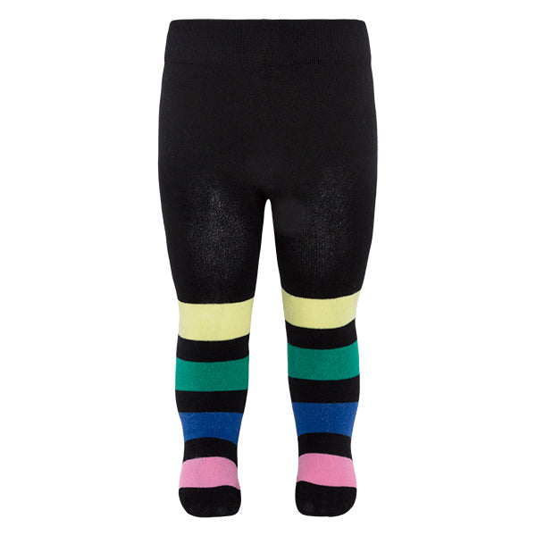 
  A pair of tights from the Tuc Tuc Girl's Clothing line with striped pattern
  on a black backg...