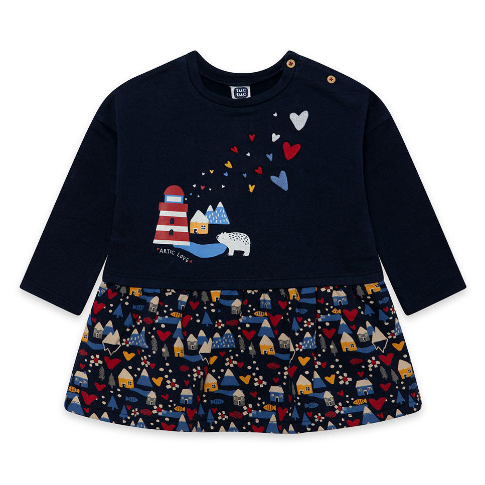 
Sweatshirt dress from the Tuc Tuc Girl's Clothing Line, with multicolor patterned skirt, and mul...
