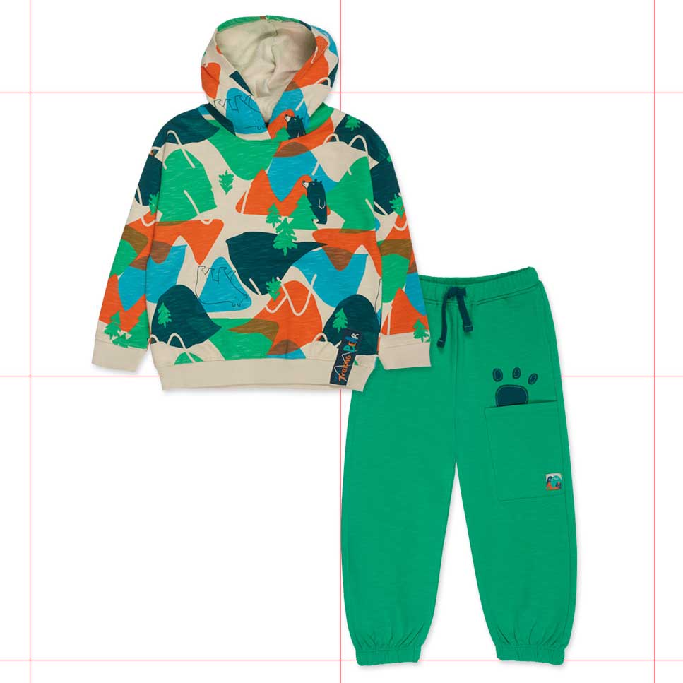 Tracksuit from the Tuc Tuc children's clothing line, with patterned coin hoodie in bright colours...