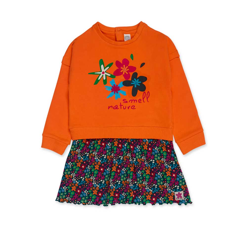 Dress from the Tuc Tuc Girls' Clothing Line, with upper part with multicolored print and wide ski...