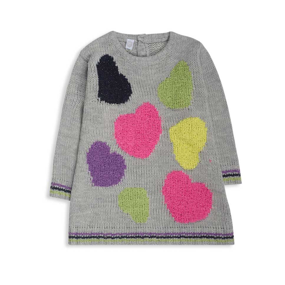 Knitted dress from the Tuc Tuc girls' clothing line, with neon colored hearts on the front with l...