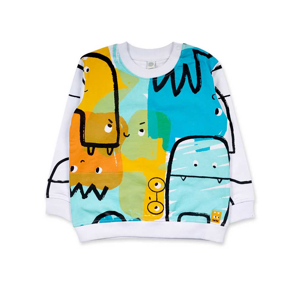 Sweatshirt from the Tuc Tuc children's clothing line, with a white background and brightly colore...