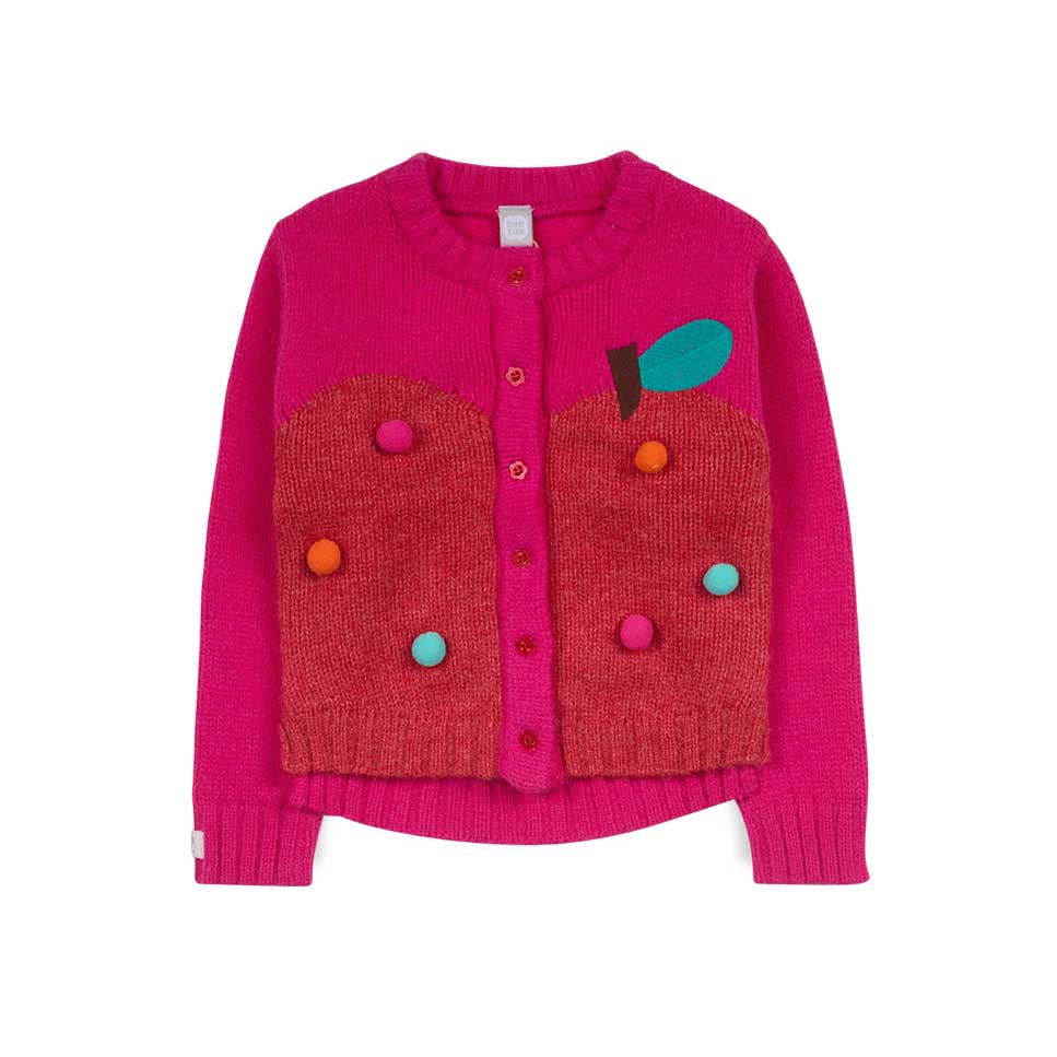 Cardigan from the Tuc Tuc girls' clothing line, with embroidery and pom poms applied on the front...