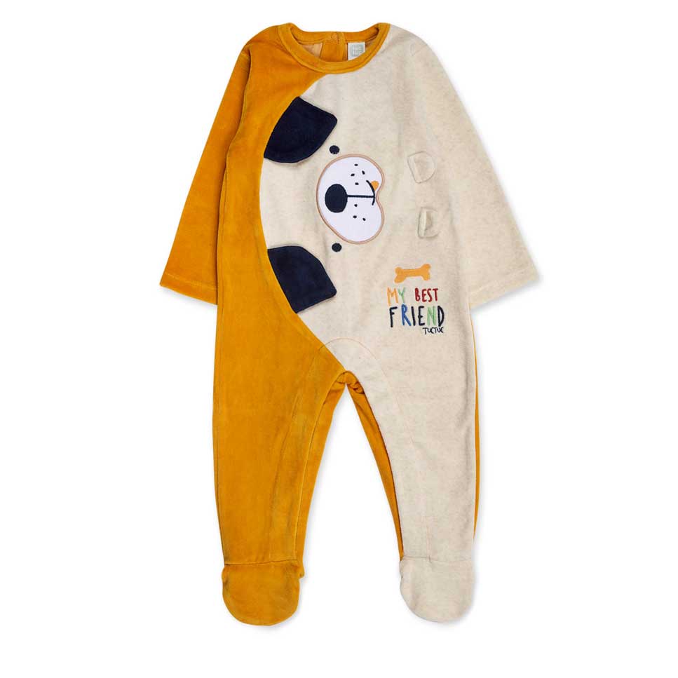 Chenille onesie from the Tuc Tuc children's clothing line, with dog drawn on the front with embro...