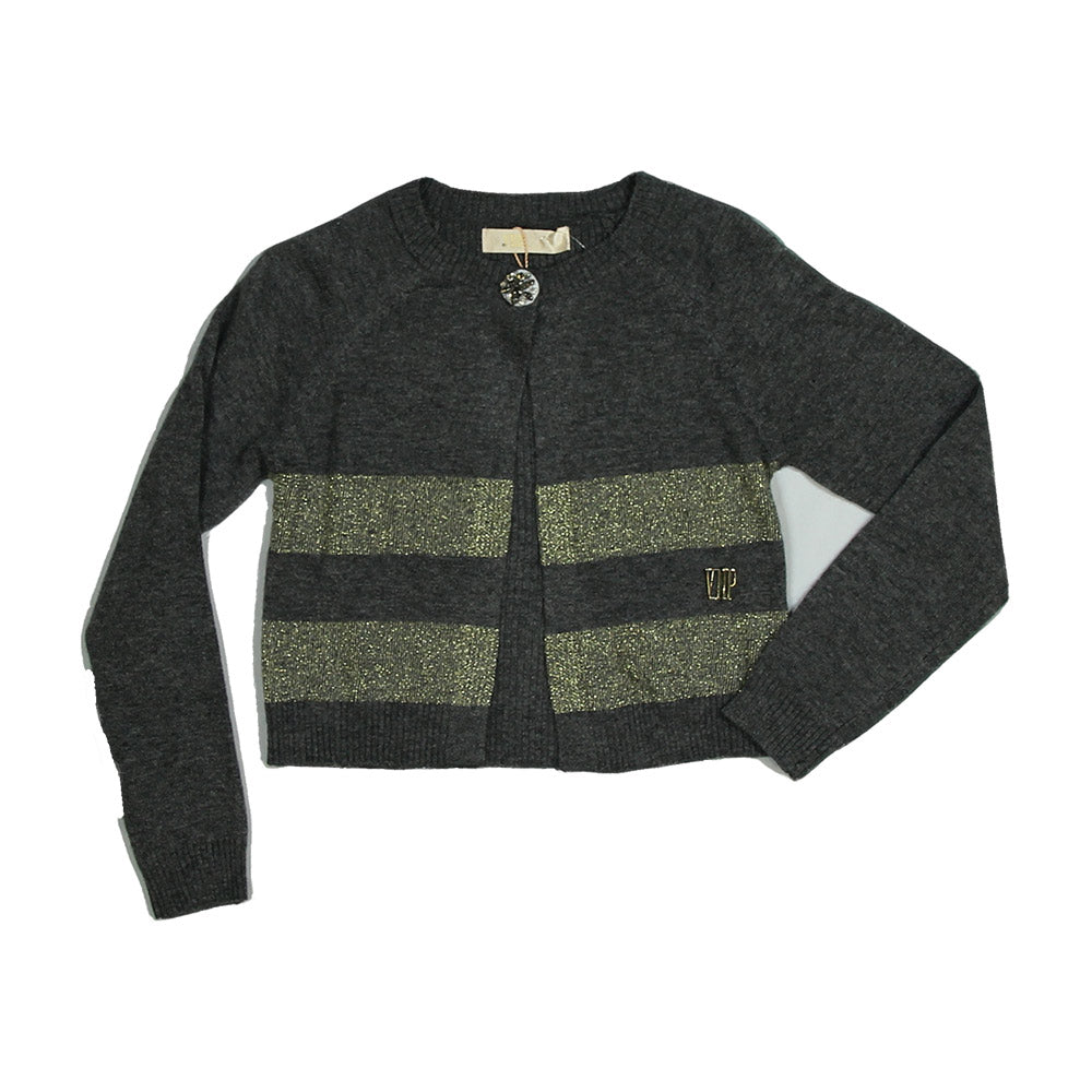 
  Cardigan of the girl's clothing line Via Delle Perle, solid color with two
  lurex bands. Ribb...